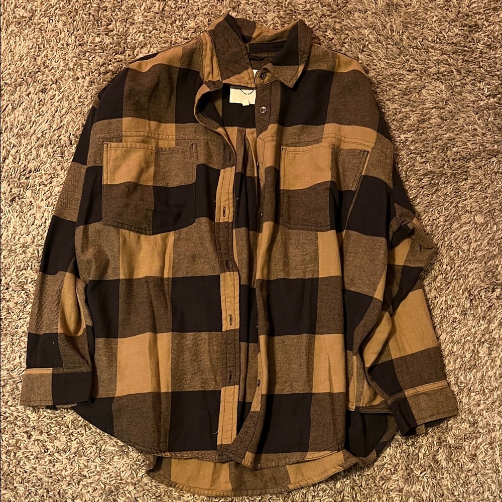 Aerie Black and Brown Plaid Button-Down Shirt